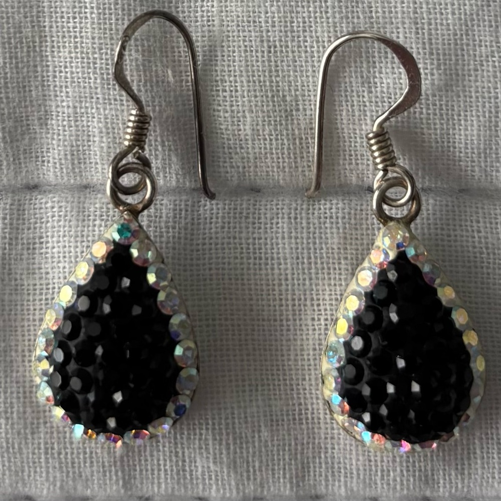 Teardrop Black Pavé Crystal with White Pavé Crystal Border Dangle Earrings